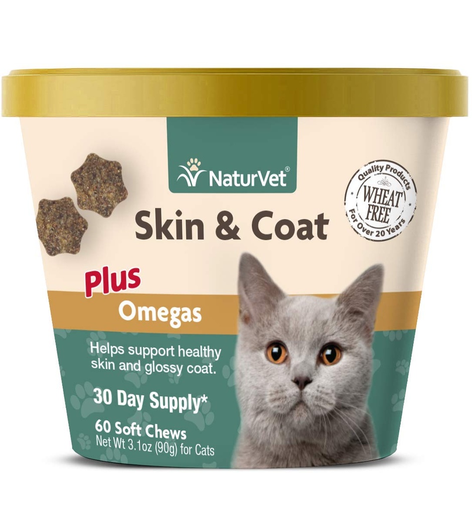 NaturVet – Skin & Coat Plus Omegas para gatos – 60 mastigação suave . Suporta pele saudável & revestimento brilhante . Melhorado com Omega-3, Omega-6 & Biotin .