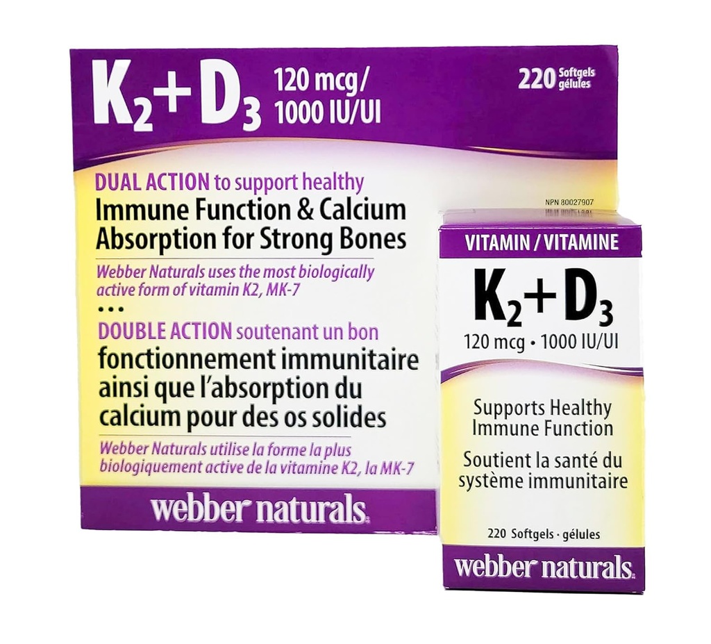 Webber Naturals K2 + D3 120 mcg/1000 UI, Suporta Função Imune Saudável - 220 softgels