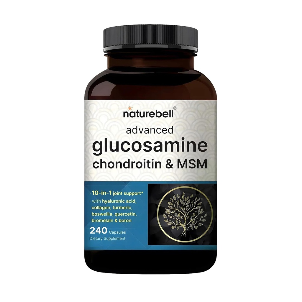 NatureBell Advanced Glucosamine Condroitin HSH Supplement, 240 Cápsulas Complexo de Apoio Conjunto 10-em-1 – com Ácido Hialurônico, Colágeno, Açafrão, Boswellia, & More – Não-GMO