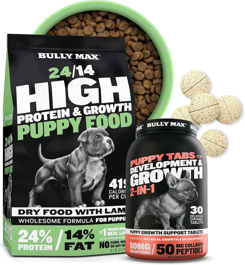 Bully Max 24/14 Alta proteína Cachorrinho Alimentos (5lbs.) e Vitaminas Cachorrinho (30 tabs mastigáveis) para o desenvolvimento e crescimento Bundle – músculo, imune, osso e suporte digestivo em filhotes de raça pequena e grande