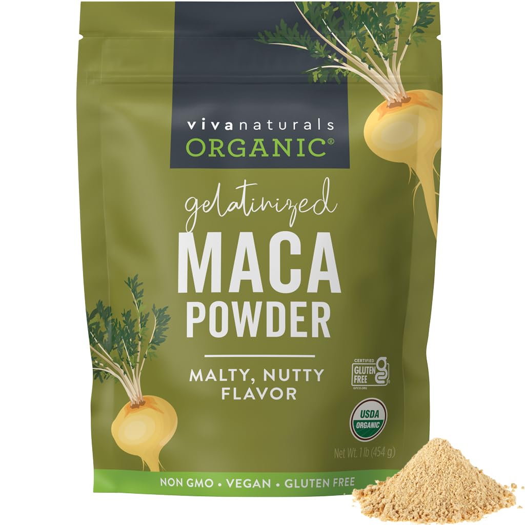 Viva Naturals Organic Maca Powder, Gelatinized, 16 oz (1 lb) – Vegan, USDA Organic, Gluten-Free, Non-GMO Peruan Superfood in Resealable Bag