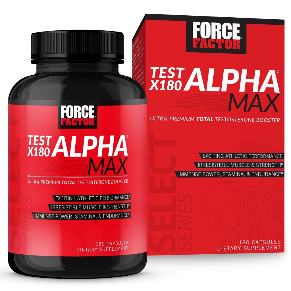 FORCE FACTOR Teste X180 Alpha Max Testosterona total e óxido nítrico para homens com semente de feno-grego e Tribulus para aumentar o fluxo de sangue e melhorar o desempenho atlético masculino, 180 cápsulas
