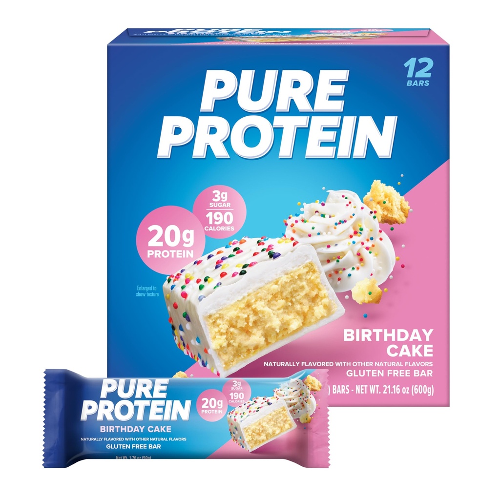 Pure Protein Bars, Alta proteína, Snacks nutritivos para apoiar a energia, Baixo açúcar, Gluten Free, Bolo de aniversário, 1,76 oz, Pacote de 12 (Packaging May Vary)