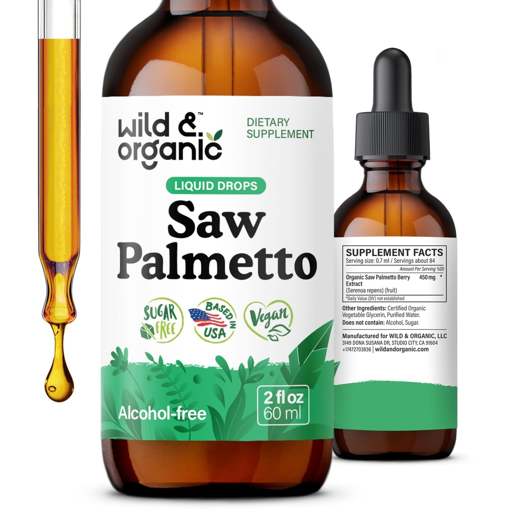 Wild & Organic Saw Palmetto Extract Drops - Apoio urinário - Saw Palmetto para homens e mulheres - Liquid Serenoa Repens Berries Suplemento - Vegan, Açúcar & Alcohol-Free - 2 fl oz