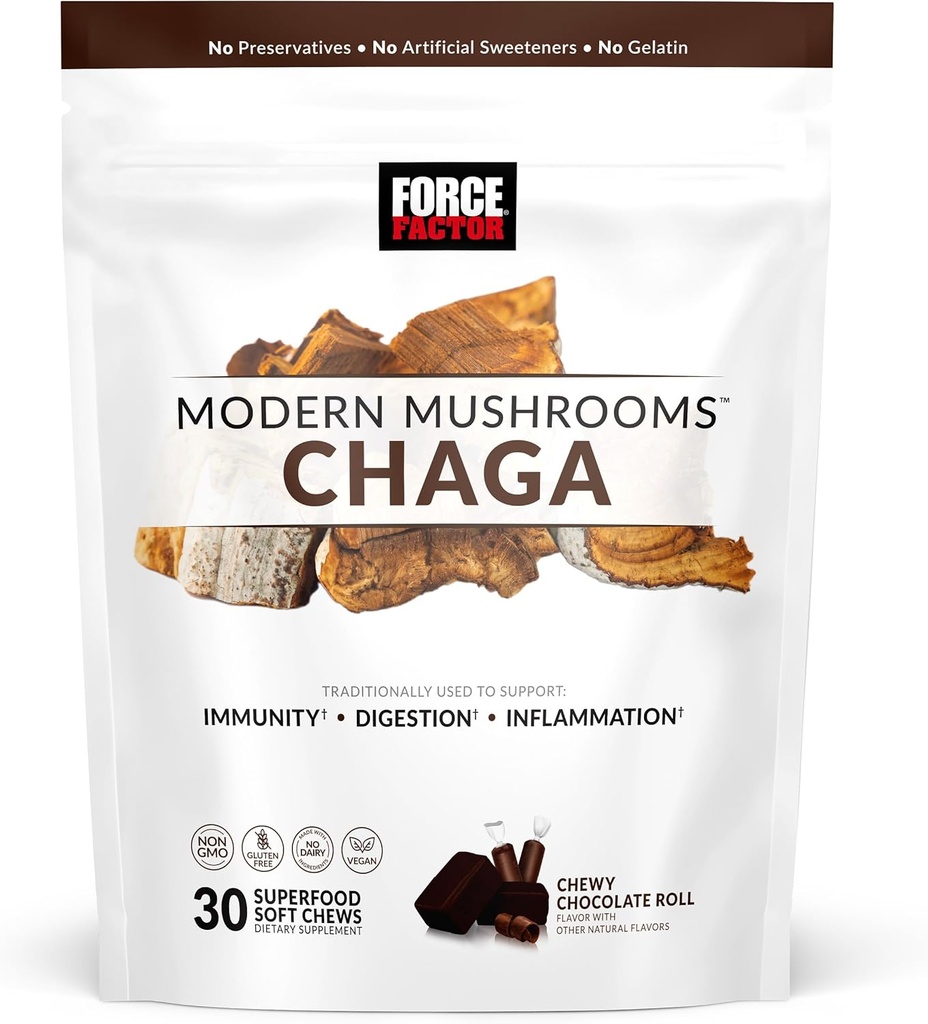 FORCE FACTOR Cogumelos modernos mastigas suaves, Chaga cogumelos suplemento para apoiar a imunidade, digestão, & Gut saúde, antioxidantes suplemento, delicioso sabor chocolate Chewy, 30 mastigações macias