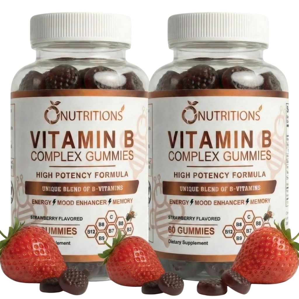 O NUTRIÇÕES Vitamina B Complex Vegan Gummies com vitamina B12, B7 como Biotina, B6, B3 como Niacin, B5, B6, B8, B9 como Folato para Stress, Energia e Sistema Imune Saudável (2 Pack)