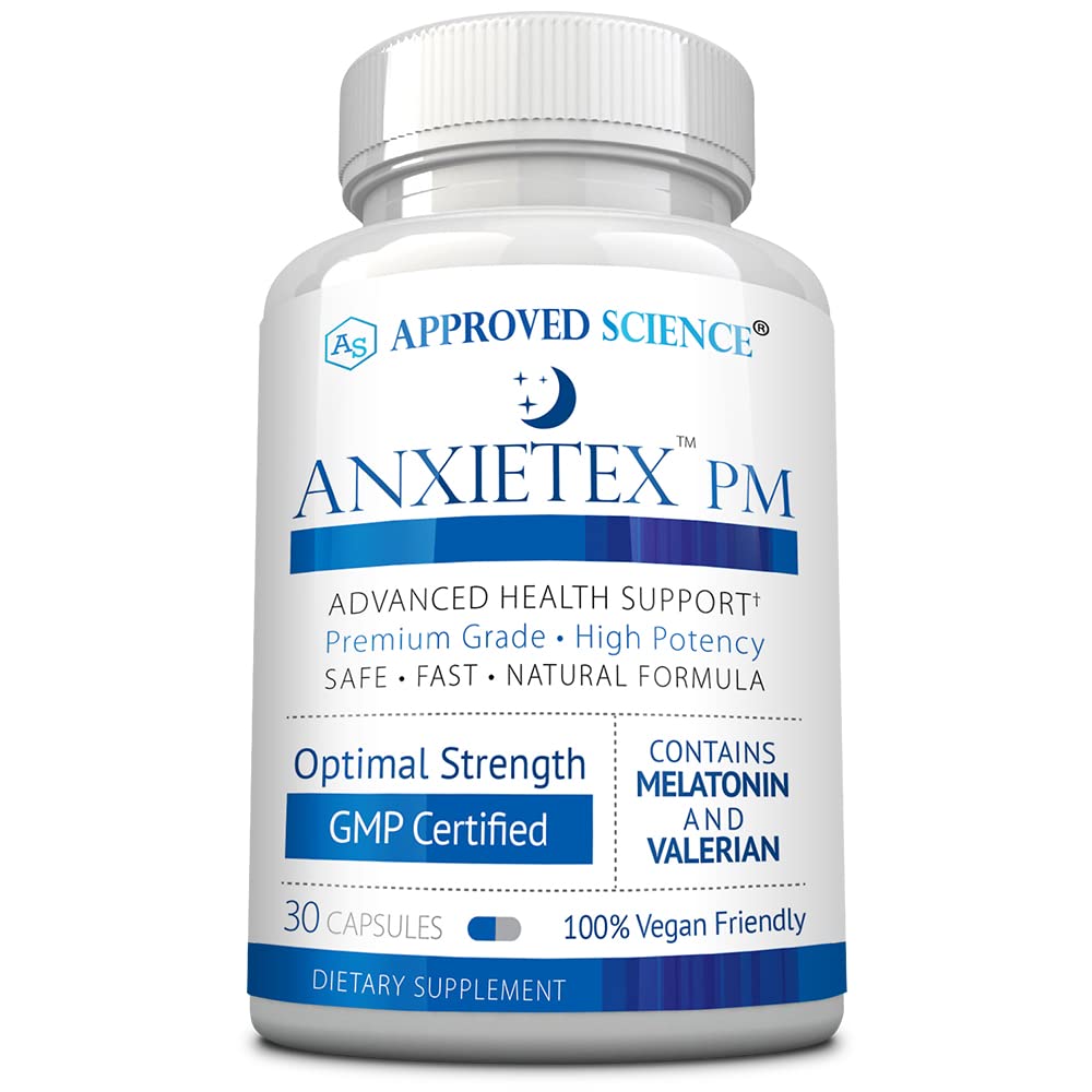 Aprovado Ciência Anxietex Noite - Fácil Preocupação e descontentamento, Sono Bem - Valeriano, Paixão Flor, Camomila - 30 Cápsulas - Vegan Suplemento - Made in the USA