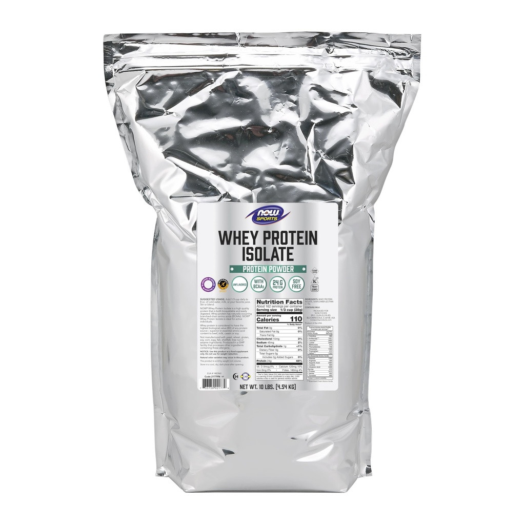 Now Foods Sports Nutrition, Whey Protein Isolate, 25 g Com BCAAs, Pó sem sabor, 10 libras