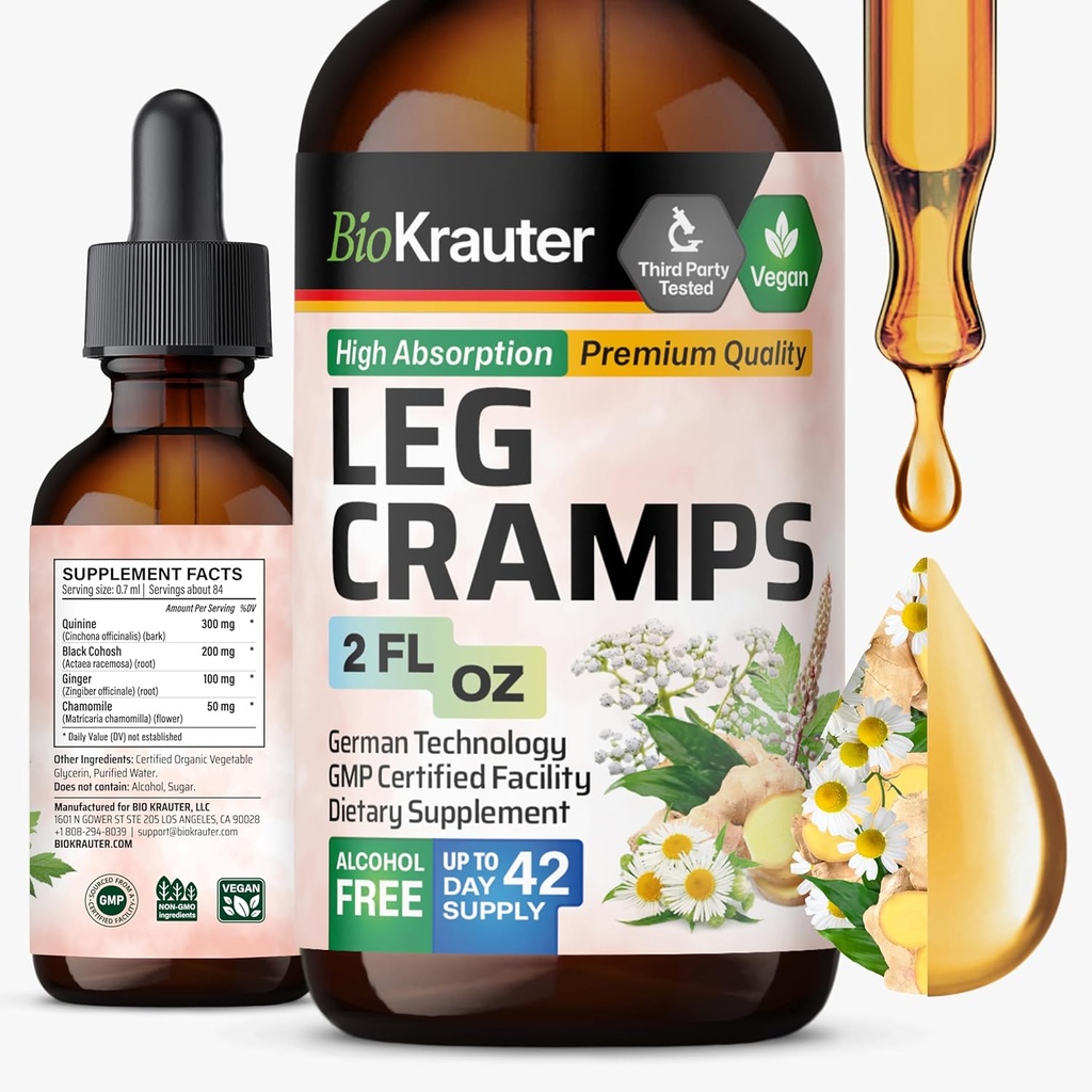 BIO KRAUTER Perna Cãibras Tintura com quinino - Ginger & Camomila Extratos líquidos para Cãibras Pernas - Álcool natural & fórmula livre de açúcar - Vegan Drops 2 Fl.Oz.