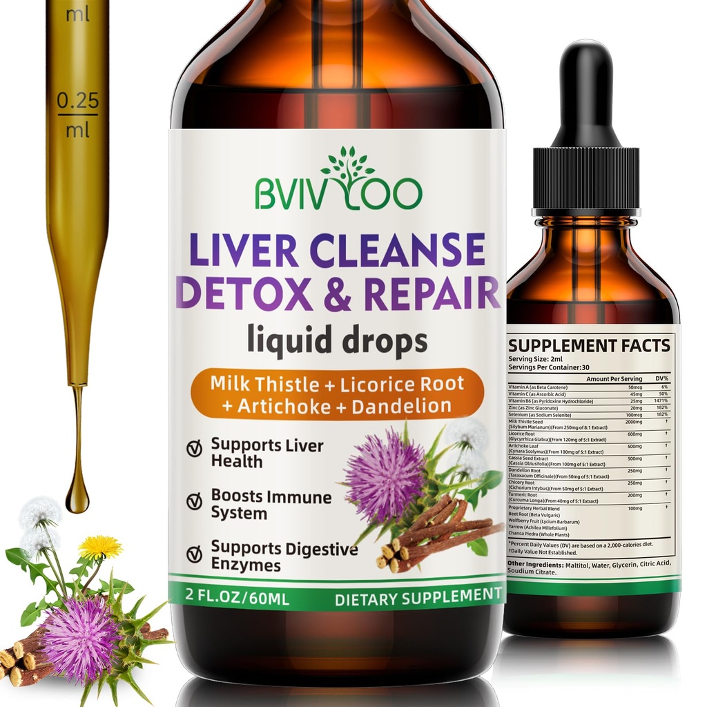 Liver Cleanse Detox & Repair Drops Líquidos - 2000mg Cardo de Leite, Raiz de dente-de-leão, Alcachofra, Extrato de Silymarin, & Ervas Açafrão - Vegan, Não-GMO - 2 Fl Oz (60ml) Garrafa