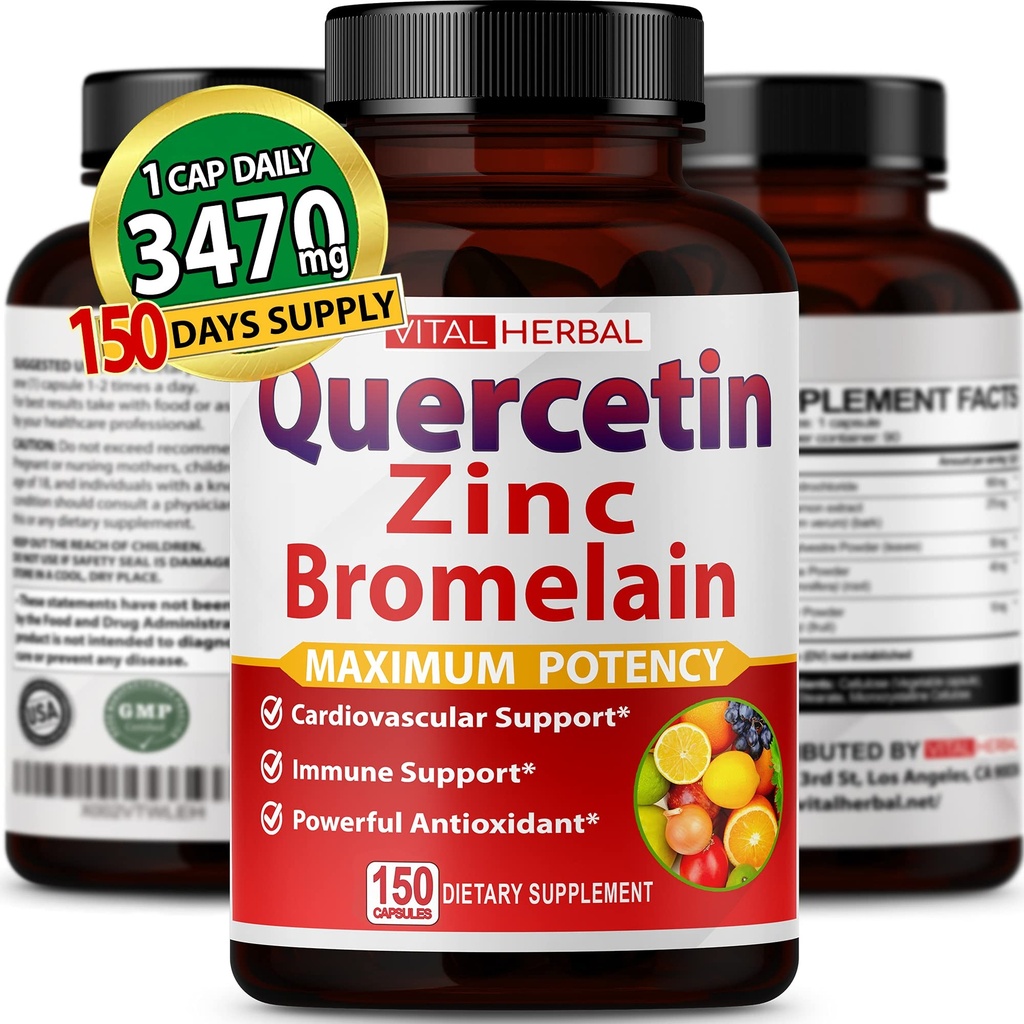Premium High Purity Quercetin 98% com cápsulas de bromelaína para máxima potência com chá verde Ashwagandha - Suporta energia de força global para a saúde - 150 dias de fornecimento