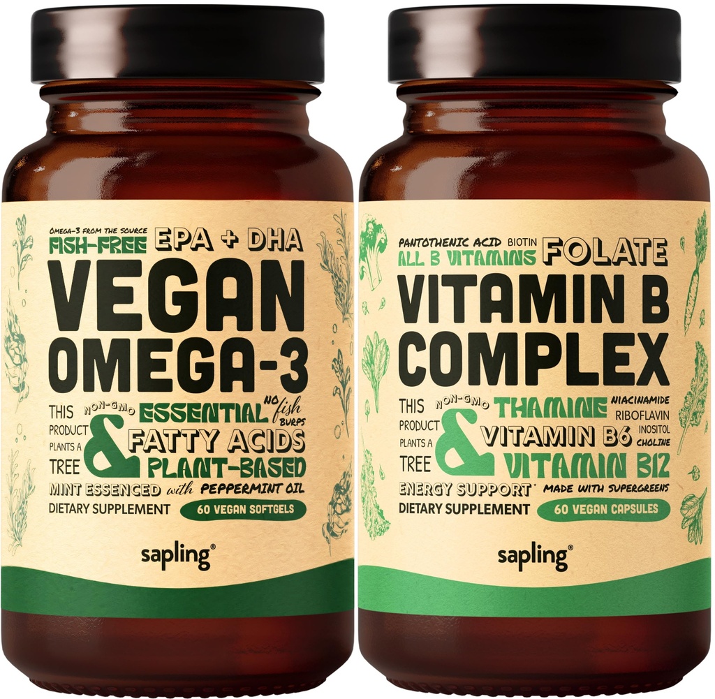 Vegan Omega 3 & Vegan Vitamina B Conjunto complexo - DHA planta-baseado & EPA ácidos gordos, vitaminas B essenciais com mistura de alimentos inteiros, B1, B2, B3, B5, B6, B7, Folato