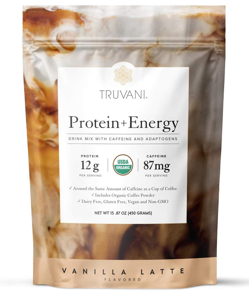 Truvani Protein + Energy Drink Misture com 87mg Cafeína Ou Vanilla Latte 12g Orgânica Planta Based Protein 20 Servings USDA Organic Coffee Powder & Adaptogens