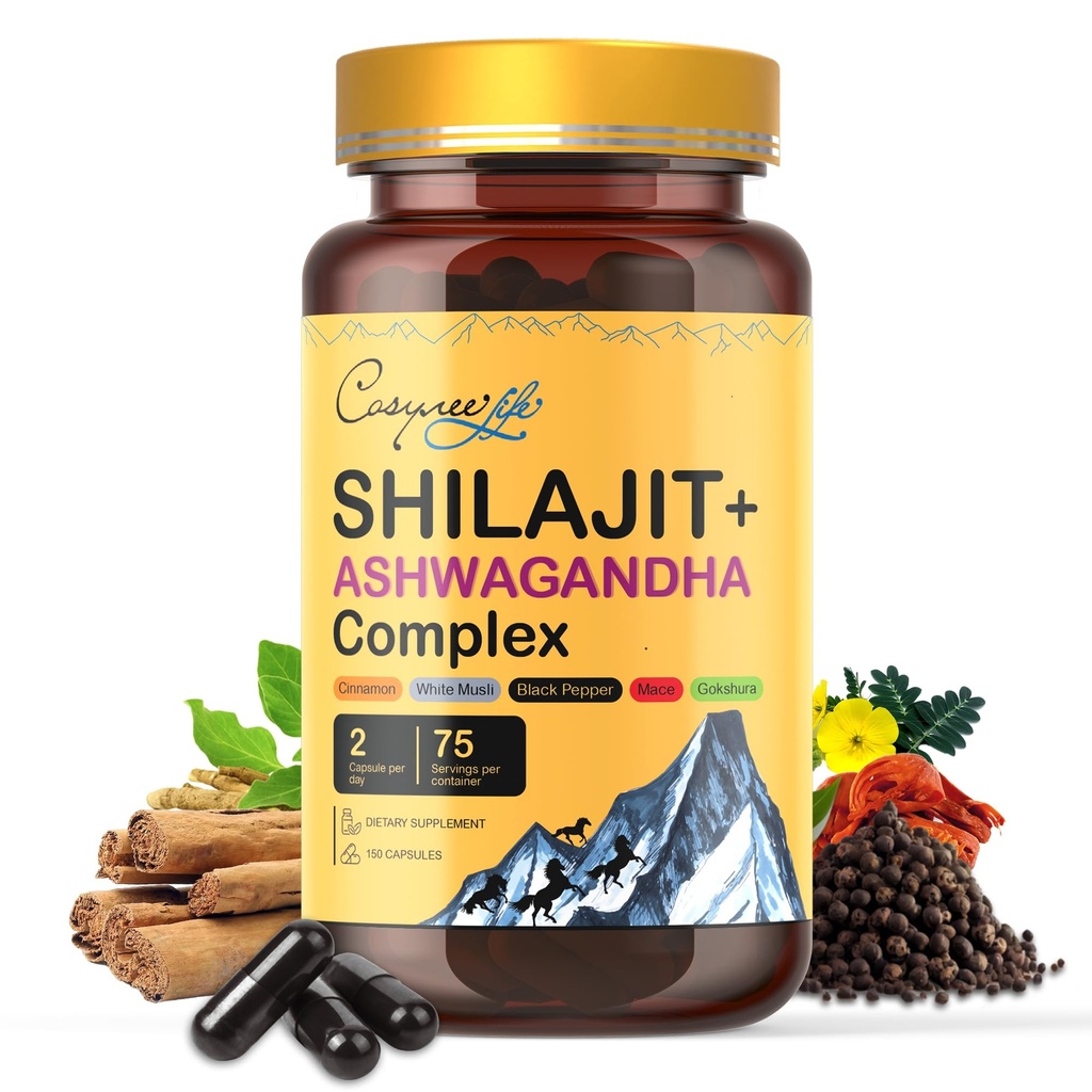Himalayan Shilajit- Complexo com Ashwagandha, Mace, Gokshura, Cinnamon & Piperine Trace Minerals, Shilajit para homens, Shilajit para mulheres, Dose Normal - 150 Cápsulas