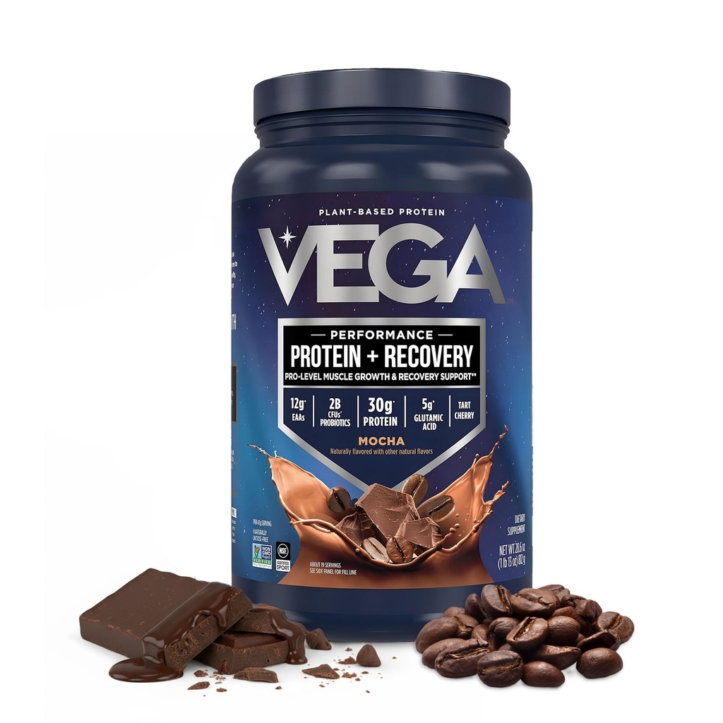 Vega esporte Vegan Protein Powder + Recuperação - 30g de proteína baseada em plantas por serviço, Mocha, 19 Servings, 5g BCAAs, Probióticos, NSF certificado, Para batidos e smoothies, 1.8lbs (Pacote maio Vary)