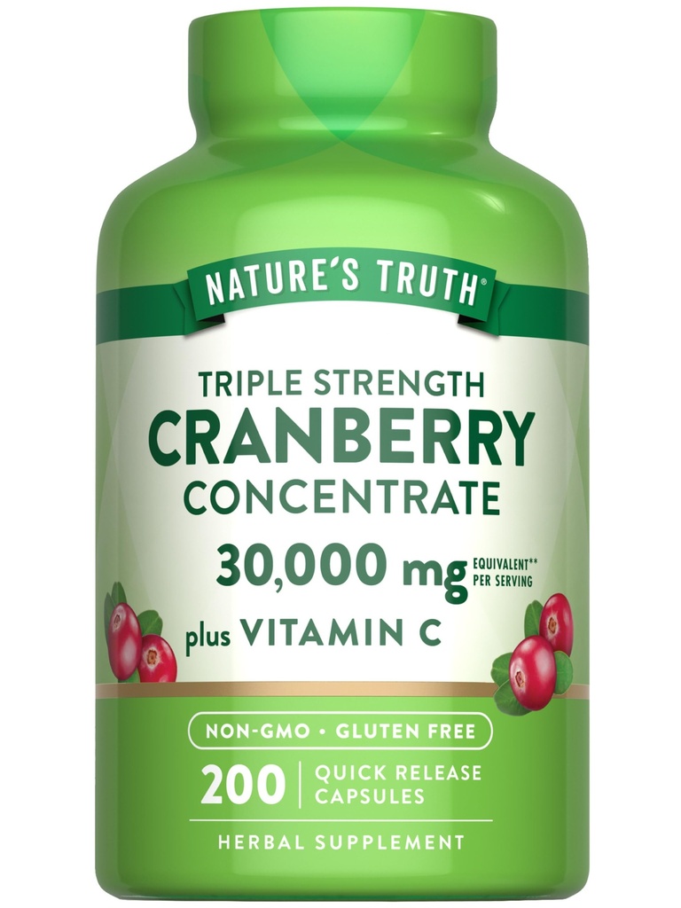 Pílulas de concentrado de cranberry da verdade da natureza , além de vitamina C , 30.000mg , 200 Cápsulas de liberação rápida , sem OGM e sem glúten