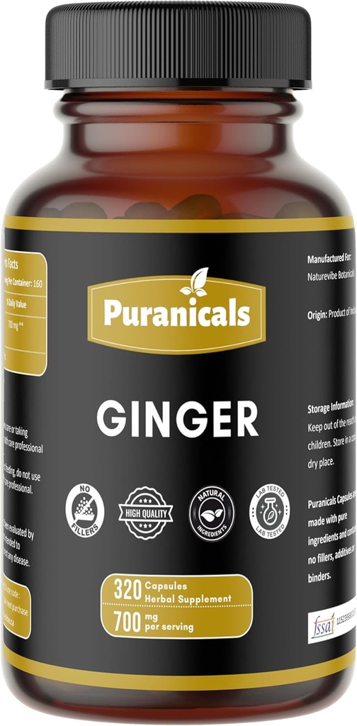 Ginger Premium 320 Cápsulas Não-GMO e Glúten Grátis , Suplemento de ervas , 700 mg por serviço , Feito com 100% Puro Ginger Root Powder
