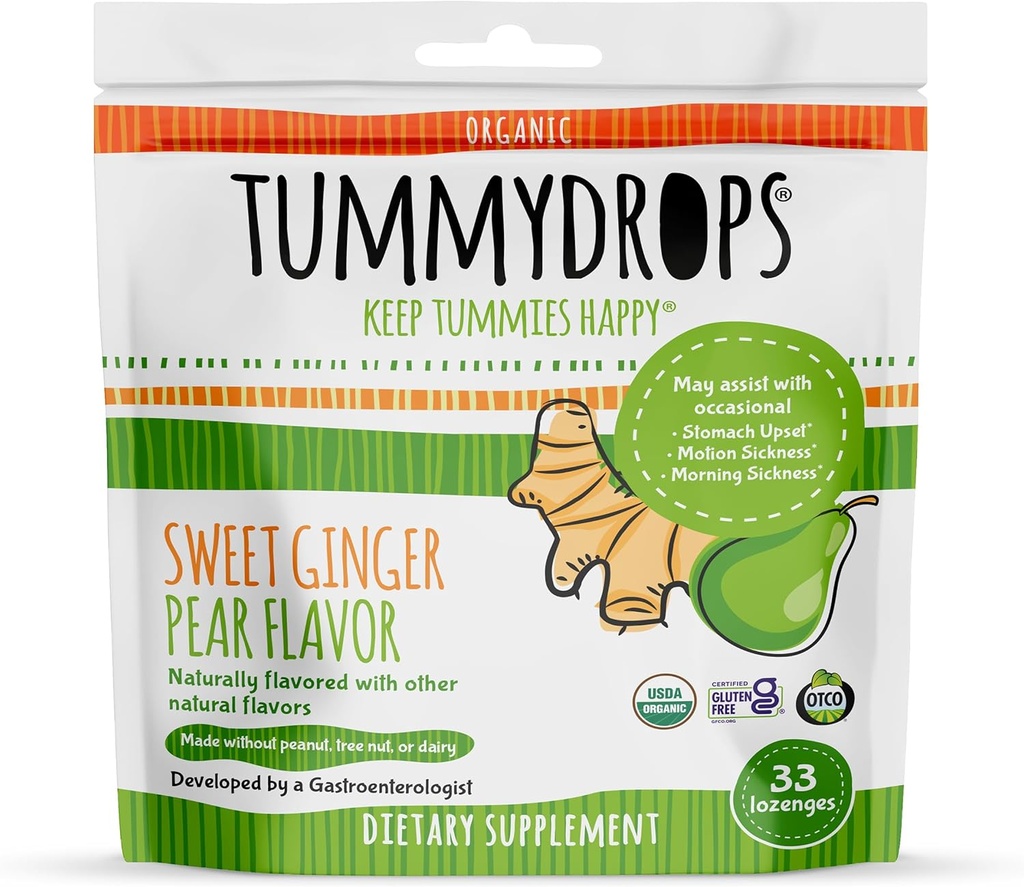 USDA Organic Sweet Ginger Pear Tummydrops, Gluten Free & Vegan. 33 Individualmente envolto Ginger Organic Lozenges em um saco resealable.