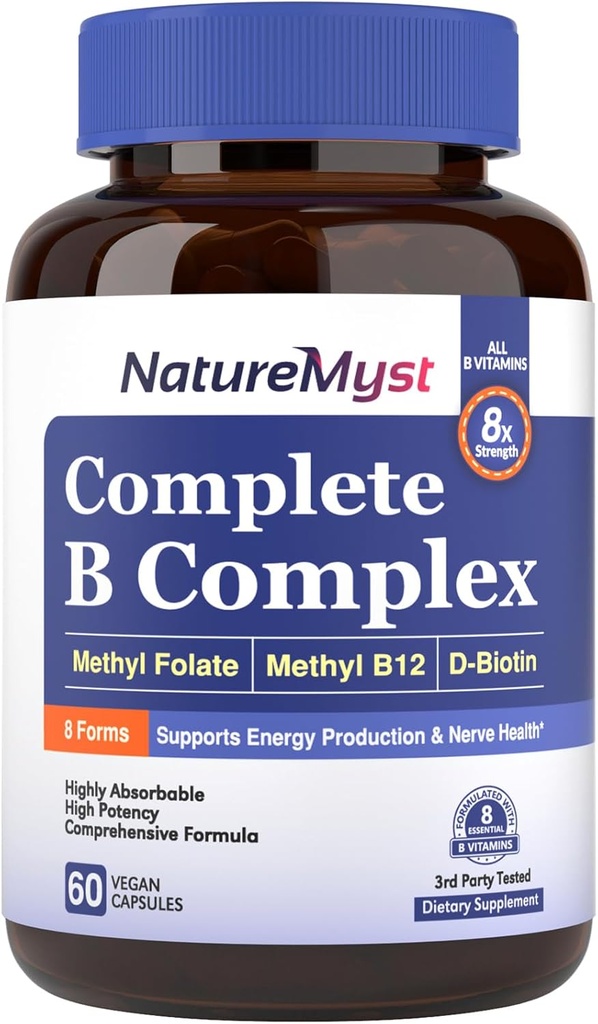 Complexo B completo, Todas as 8 vitaminas B, metil B12, folato de metilo, biotina, P-5-P, Altamente absorvível, Produção de energia, 60 tampas Vegan