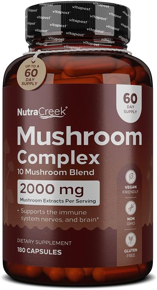 Complexo de Cogumelos, Cordyceps Mushroom, Reishi, Shiitake, Maitake e Lions Mane Supplement. Um suplemento de 10 cogumelos para apoiar a sua mente e corpo