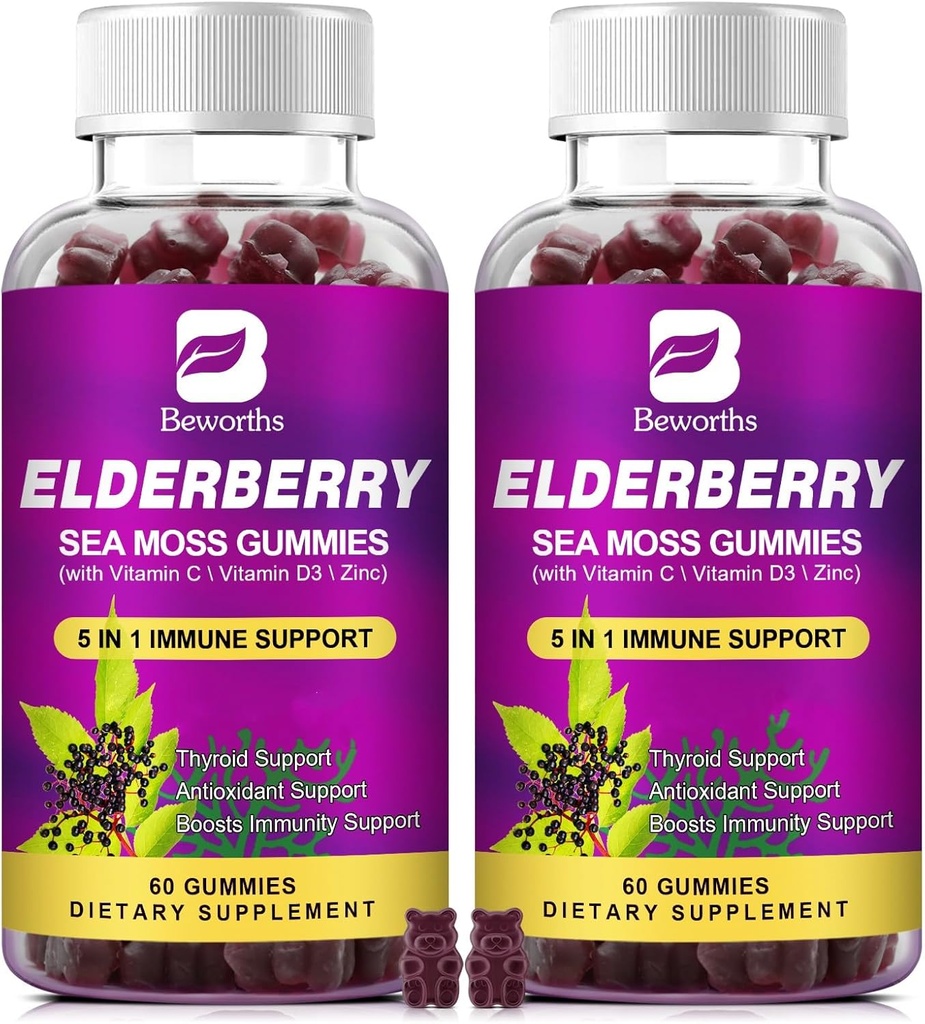 (2 Embalagens Elderberry Gummies & Irish Sea Moss, Sambucus Elderberry Gummy orgânico com Seamoss, Zinco, Vitamina C, D3, Vitaminas Multivitamin Elderberry - Sem Açúcar
