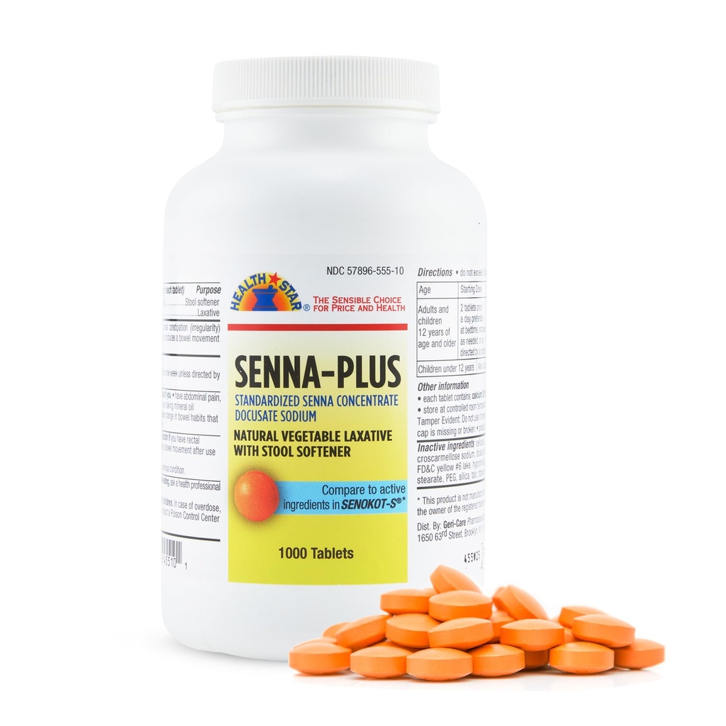 Health Star Senna Plus Laxative & Stool amolecedor Comprimidos 50mg / 8,6mg Força Natural Vegetal Estimulante Laxante Ou Alivio Gentil de Obstipação; Docusato de Sódio para Movimento Bowel (1.000 Comprimidos