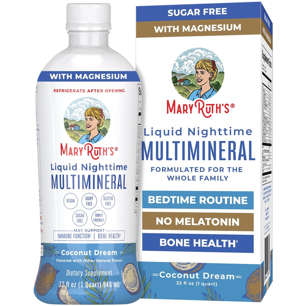MaryRuth Orgânicos Líquidos Durante a noite Multimineral □ No Melatonina □ Rotina de hora de dormir □ Citrato de magnésio □ Cálcio □ Zinco □ Vitamina D3 □ Disponível em 4 sabores - Vegan □ Açúcar Grátis □ Glúten □ 32 Oz