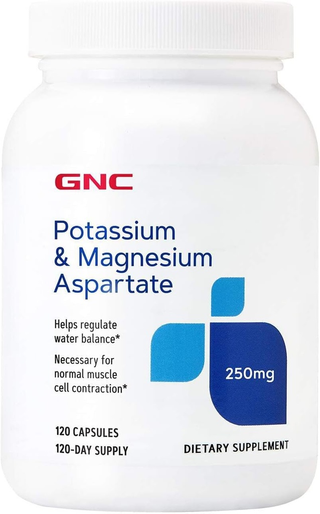 GNC Potássio e Magnésio Aspartato 250mg Suplemento, Ajuda a Regular o Balanço de Água, 120 Servimentos
