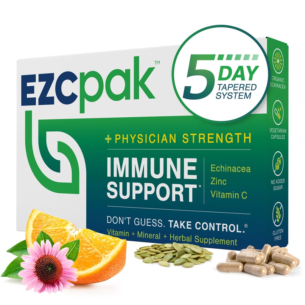 EZC Pak 5 dias Imune Support Booster - Suplemento de suporte imunológico de vitamina, Echinacea, Zinc Vitamina C, Vitaminas para suporte do sistema imunológico, Imune Boosters para adultos - Imune Support Vitaminas