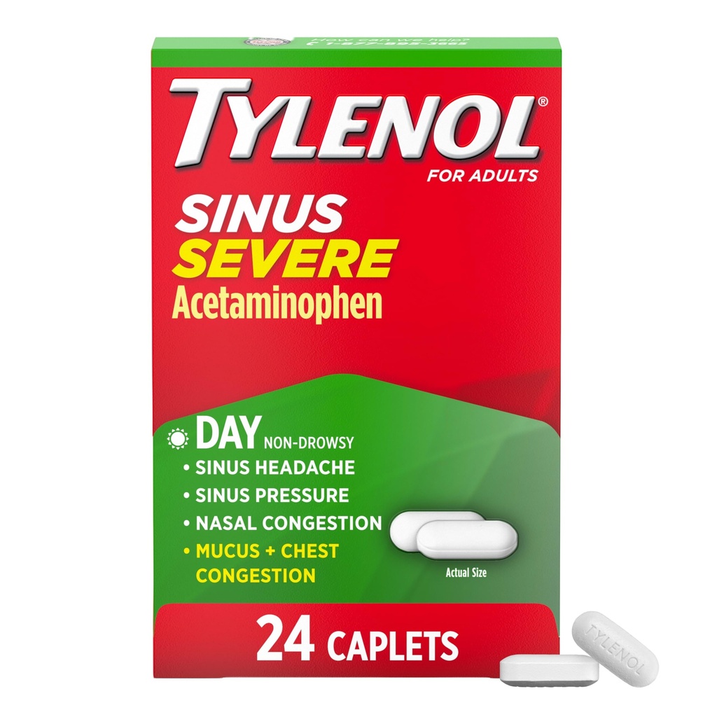 Tilenol Sinus Severo Medicina de alívio do frio e da gripe durante o dia Caplets, Reliever Dor Não-Drowsy, Expectante Redutor de Febre e Descongestionante, Acetaminofeno, Guaifenesina e fenilefrina HCl, 24 ct