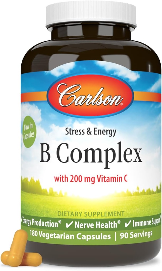 Carlson - B Complexo Balanceado B Vitaminas com Vitamina C - Stress, Energia e Imune Complexo B Vitamina para Mulheres e Homens - 180 Cápsulas Vegetarianas