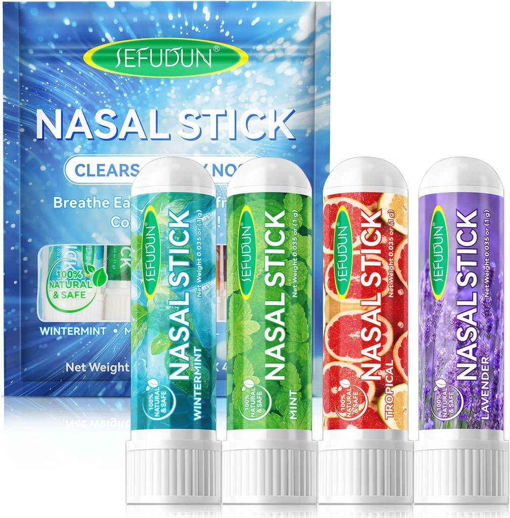 4PCS Nasal Stick,Nasal Inhaler Stick,Inhaler Nasal Stick para alívio de Sinus & Vertigo alívio,Aromaterapia Inhaler feito com óleos essenciais + mentol (Mint, Wintermint, Tropical, Lavanda)