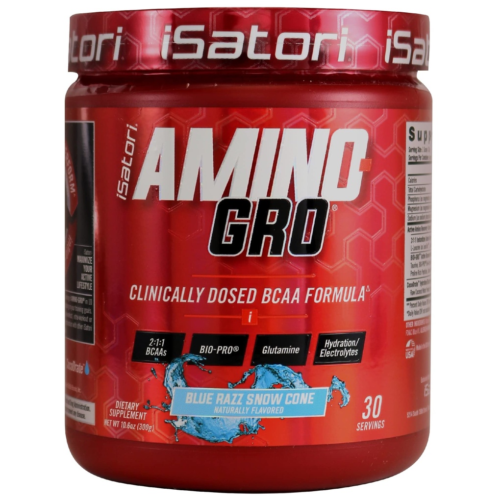 iSatori Amino-GRO BCAA Pó, Aminoácidos de cadeia ramificada com Glutamina, Pó de Eletrólito e Bio-GRO Peptídeos Bio-Ativos para Crescimento Músculo e Recuperação Pós-Ensaio, Blue Razz Snow Cone (30 Servões)
