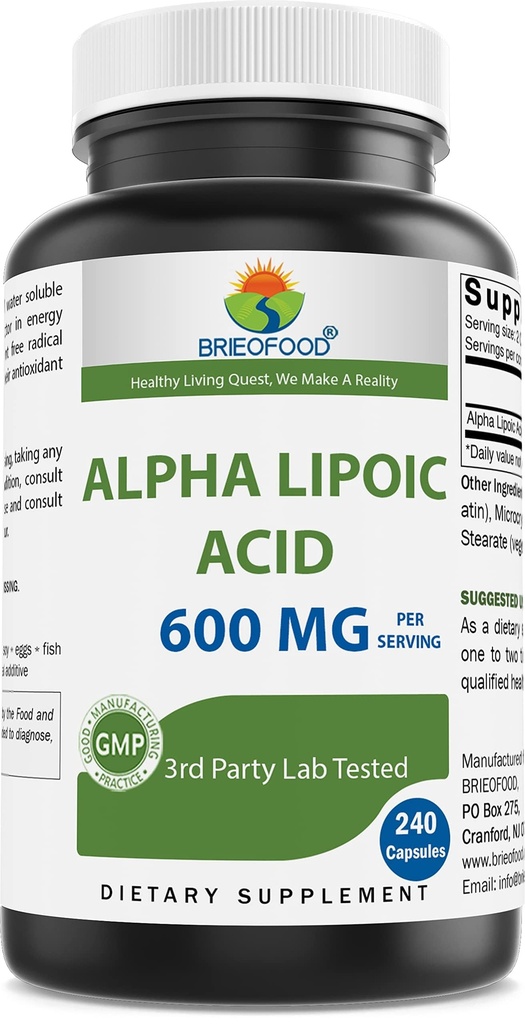 Brieofood Ácido Alfa Lipóico 600mg por serviço - 240 Cápsulas - Não-GMO, Glúten Grátis