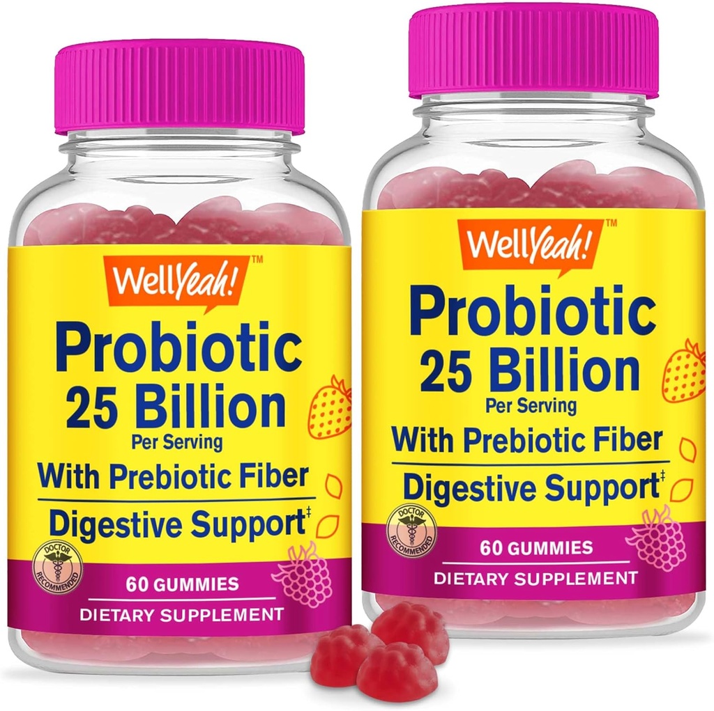 BemYeah (2 Pacote 25 Bilion Probióticos + Prebióticos para homens e mulheres Gummies - Suporte digestivo, Gut Health, Imune Support Gummy - Probióticos para a Saúde Digestiva com 12 Strains - 60 Gummies