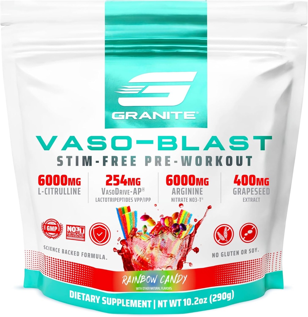 Suplementos de granito Vaso Blast, Rainbow Candy Flavor, pré-treino sem estímulo para homens e mulheres com extrato de semente de uva, nitrito de arginina, & VasoDrive-AP para Max Pump (20 Servings)