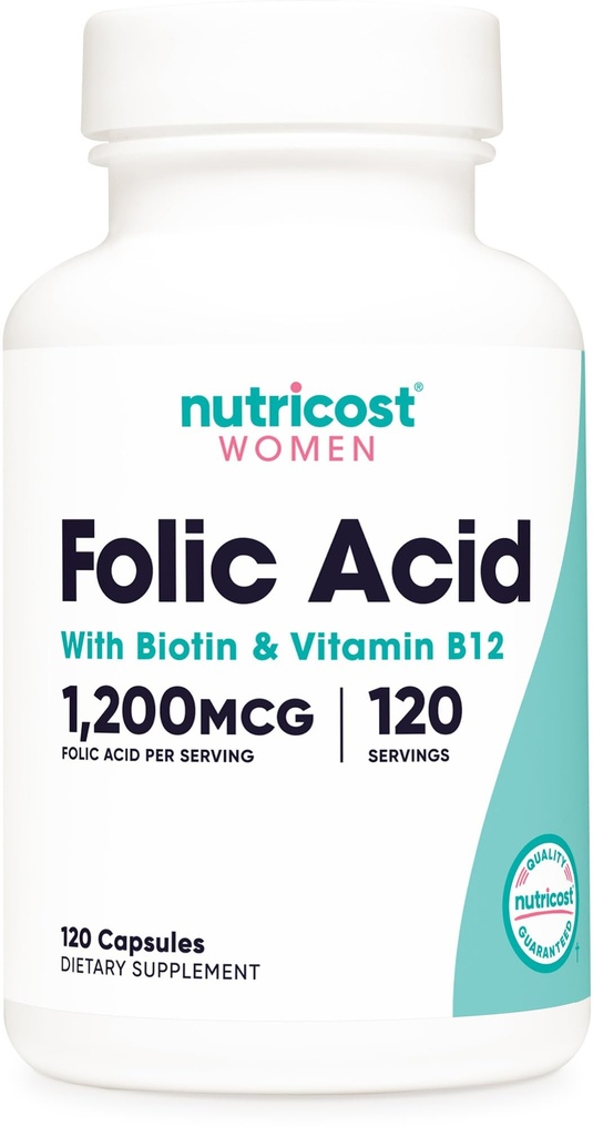 Ácido Fólico Nutricosto para Mulheres (Vitamina B9) 1200 mcg, 120 Cápsulas, com B12 e Biotina, Cápsulas Veggie, Não-GMO e Glúten Grátis