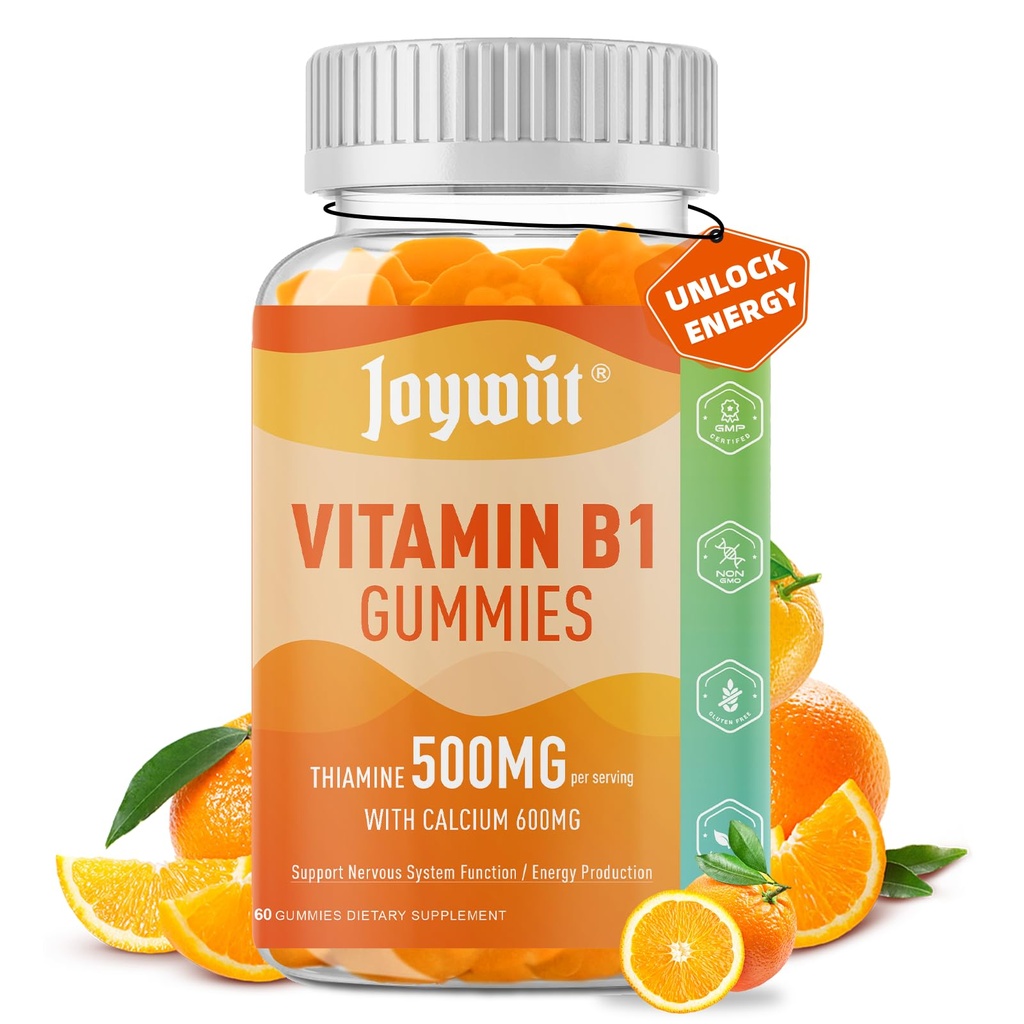 Vitamina B1 Gummies 500mg, Chewable Thiamine B1 Suplemento para Adultos, com 600mg Citrato de cálcio, Suporte Sistema Nervoso, Vegan, Natural sabor laranja