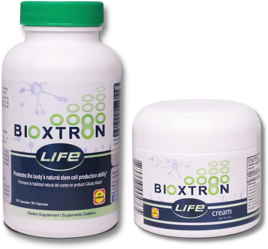 Bioxtron Life AFA Stem Cell Supplement - Apoio Conjunto e Dor Muscular - Apoio ao Sistema Imune - Suporte Níveis de Energia - Produção de Células-trons - Blue Green Algae Spirulina - 90 Caps + Creme 2 onças