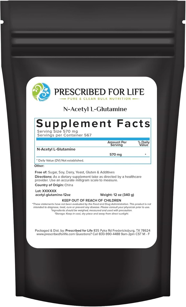 Prescrito para a vida N Acetil L Glutamina Pó, L Pure L Glutamina Aminoácidos Suplemento (12 oz / 340g)