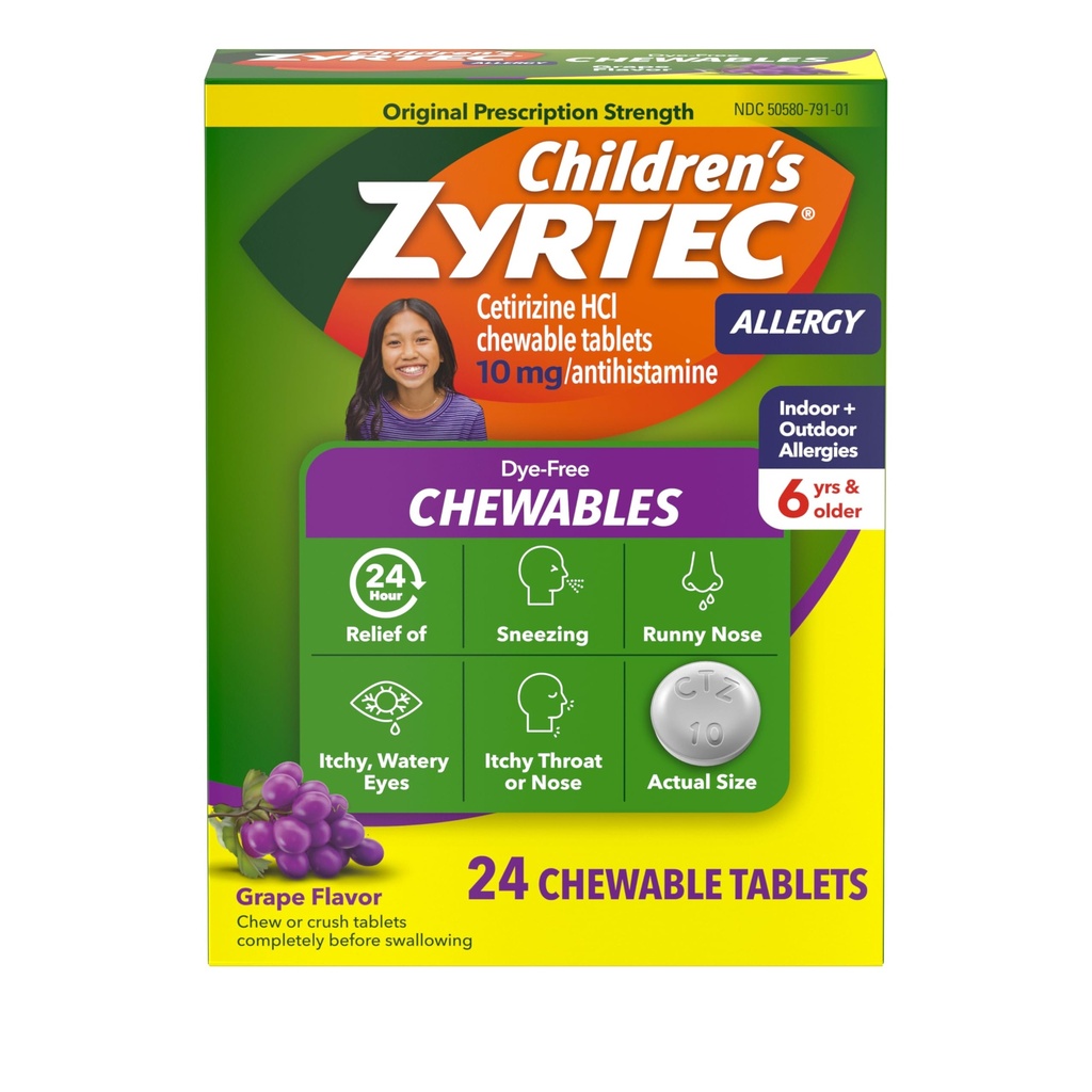 Zyrtec Children's Dye-Free Chewables para 24 horas de alívio de alergia, 10 mg de Cloridrato de Cloridrato de Cloridrato de Anti-histamínico Comprimidos, Crianças Alergia Medicina Alivia Espirros e Comichão Garganta, Uva, 24 quilates