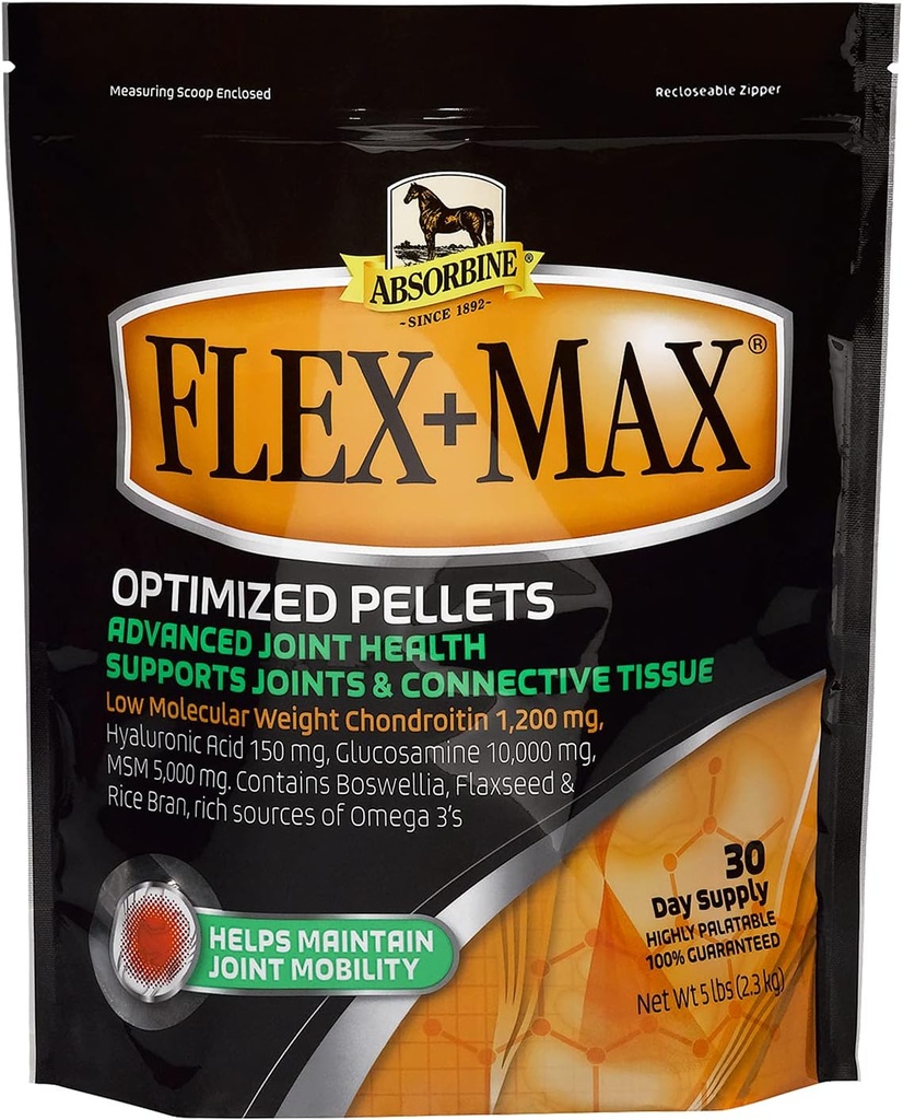 Absorbina Flex+Max Horse Joint Supplement Pellets, Altamente Palatável, Fórmula Equina Integral com Glucosamina, HSH, Chondroitin & Flaxseed, 5lb Bag / 30 Day Supply