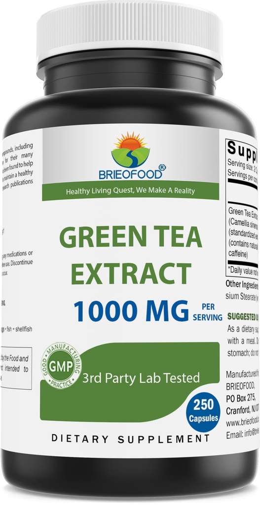 Brieofood Green Tea Extract 1000 mg por serviço (Min 50% Polyfenóis) - 250 Cápsulas - 3rd Party Lab Testado para pureza e qualidade