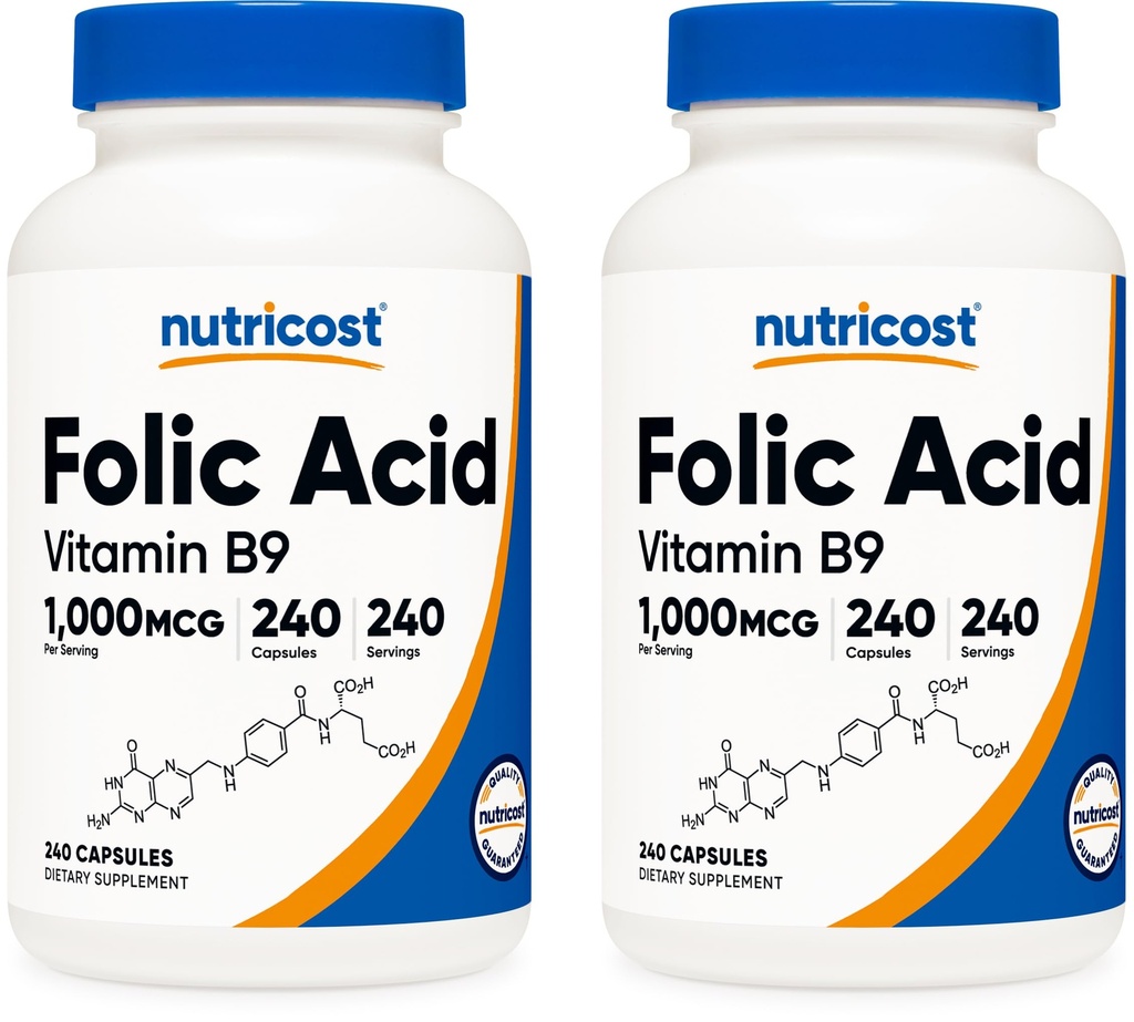 Ácido Fólico Nutricost (Vitamina B9) 1000 mcg, 240 cápsulas (2 frascos)