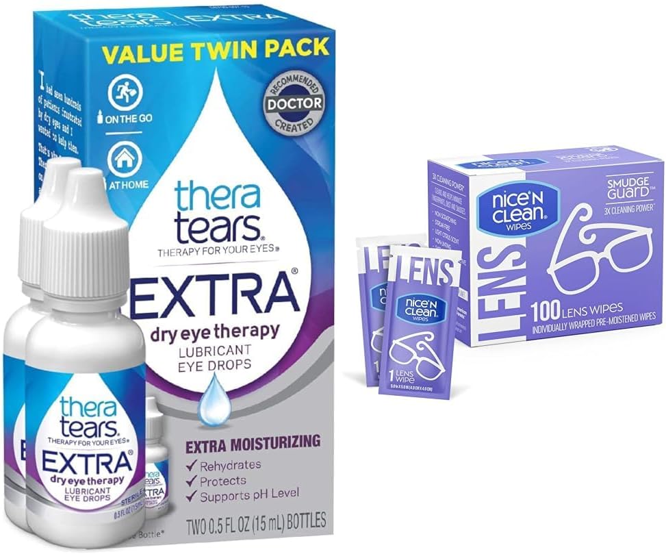 TheraTears extra Dry Eye Drops, 2 Count & Nice 'n Clean 100 SmudgeGuard Lens Wipes Bundle