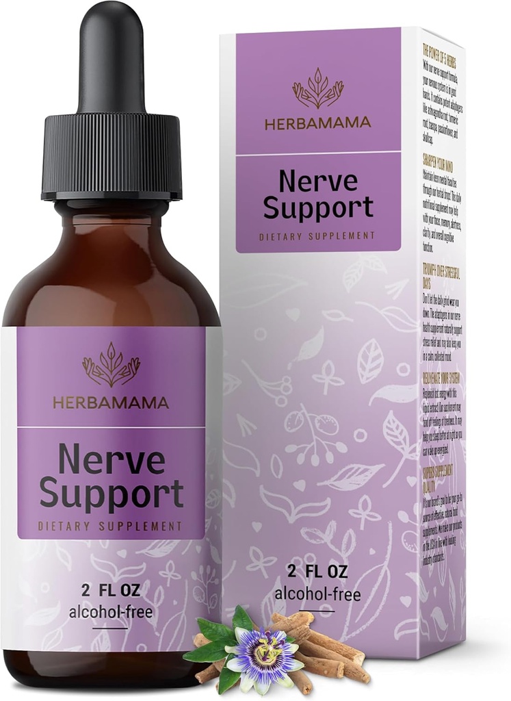 HERBAMAMA Nerve Support Supplement - Vegan Nerve Support Formula com Ashwagandha & Bacopa Monnieri para Cérebro - Não-GMO, Álcool & Açúcar-livre diariamente calmando gotas para adultos, Fonte de 28 dias