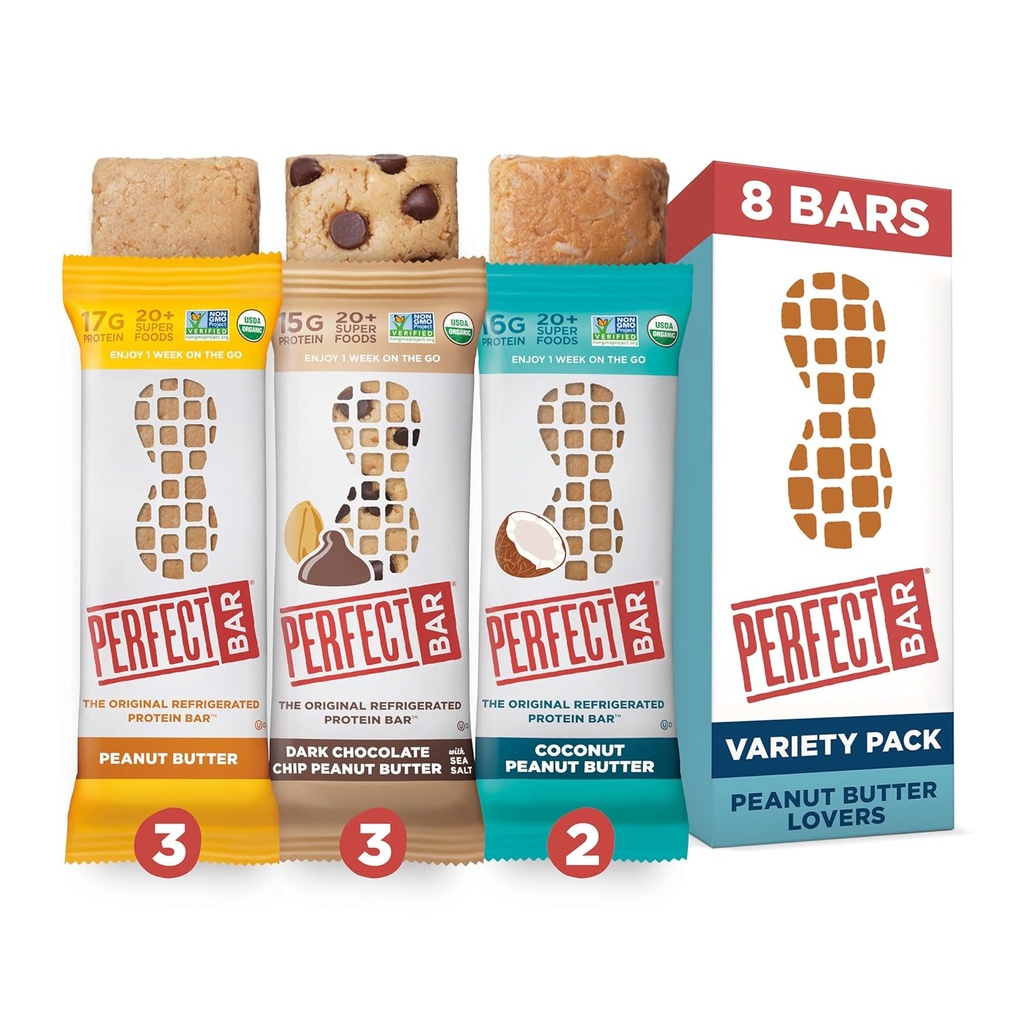 Bar Perfeito Barra de Proteínas Refrigerada Original, Pacote de Variedades de Amadores de Manteiga de Amendoim, 2.2 - 2.5 Bar de Onça, 8 Contagem