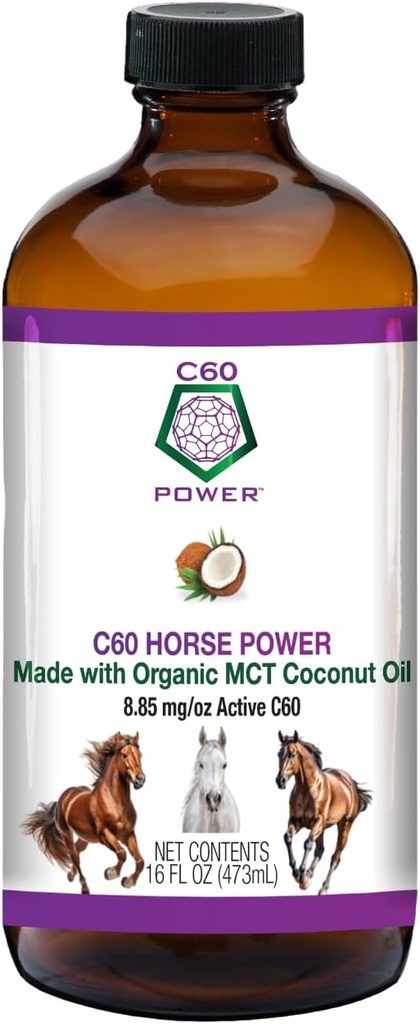 C60 Horse Power - C60 em óleo de coco orgânico MCT, suporte de bem-estar natural para cavalos, 99,99% Puro de carbono Fullerenes, Promove Envelhecimento saudável, Energia e Mobilidade - 16 fl oz garrafa