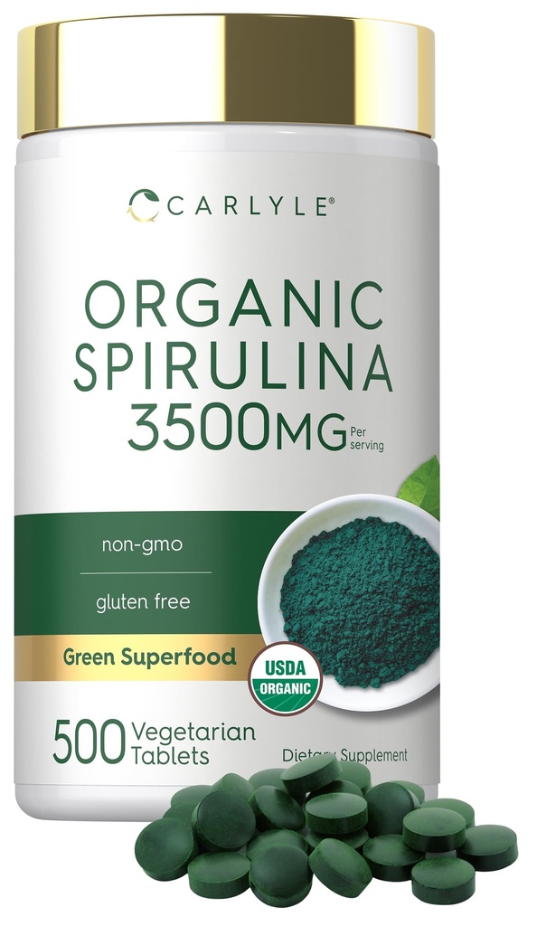 Carlyle Organic Spirulina Tablets 3500mg Contagem 500 Não-GMO e Suplemento sem glúten