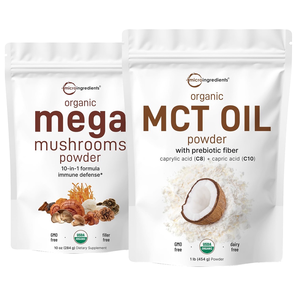 Micro Ingredientes Orgânico Mega Cogumelo Pó 10 oz & Orgânico MCT Óleo Pó 1 lb Pacote 2 Pacote 10 em 1 Complexo de Cogumelo Óleo, Creme à Base de Plantas